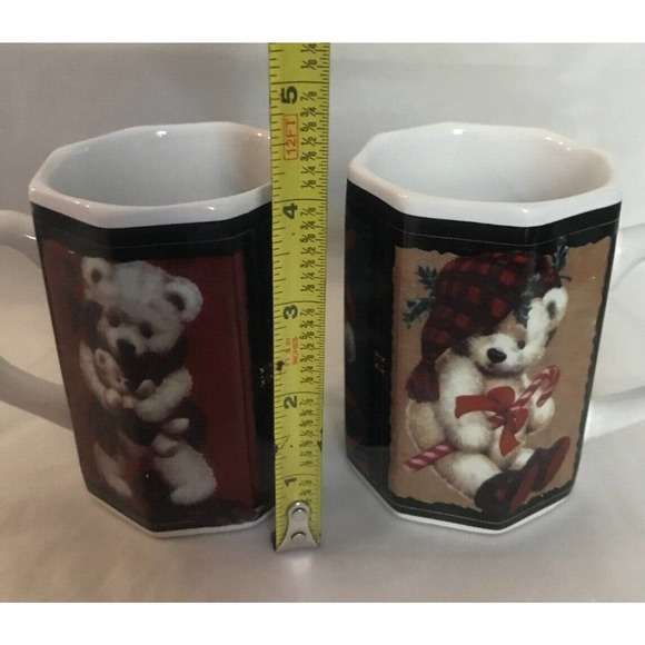 Vintage Giftco Tartan Christmas Teddy Bear Octagon Coffee Cup/Mug Set of 2 - Picture 5 of 8